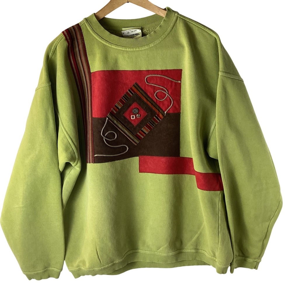 Genuine Pigment Dyed Lime Green Abstract Patchwork Crewneck Sweatshirt XL